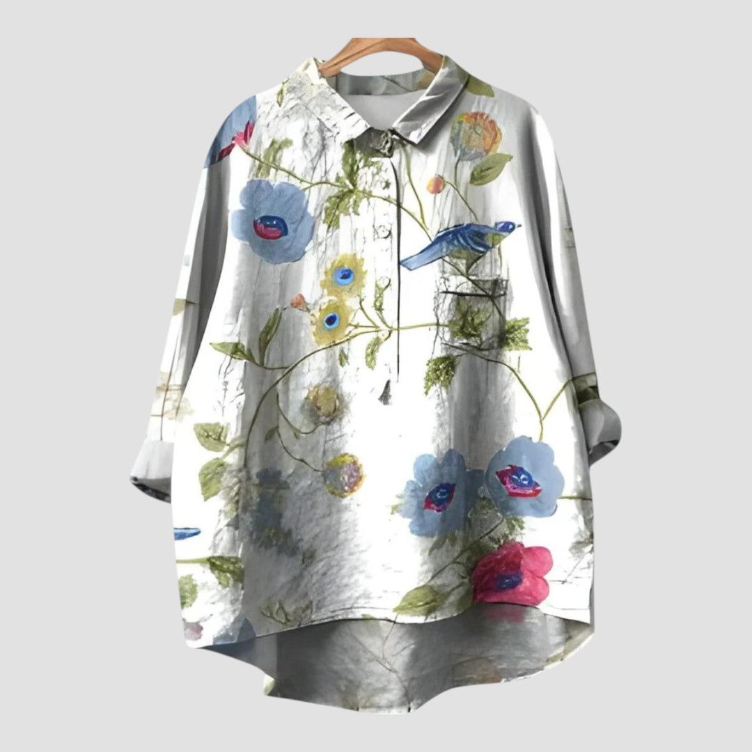 Fiorella | Camisa oversize de flores y pájaro azul