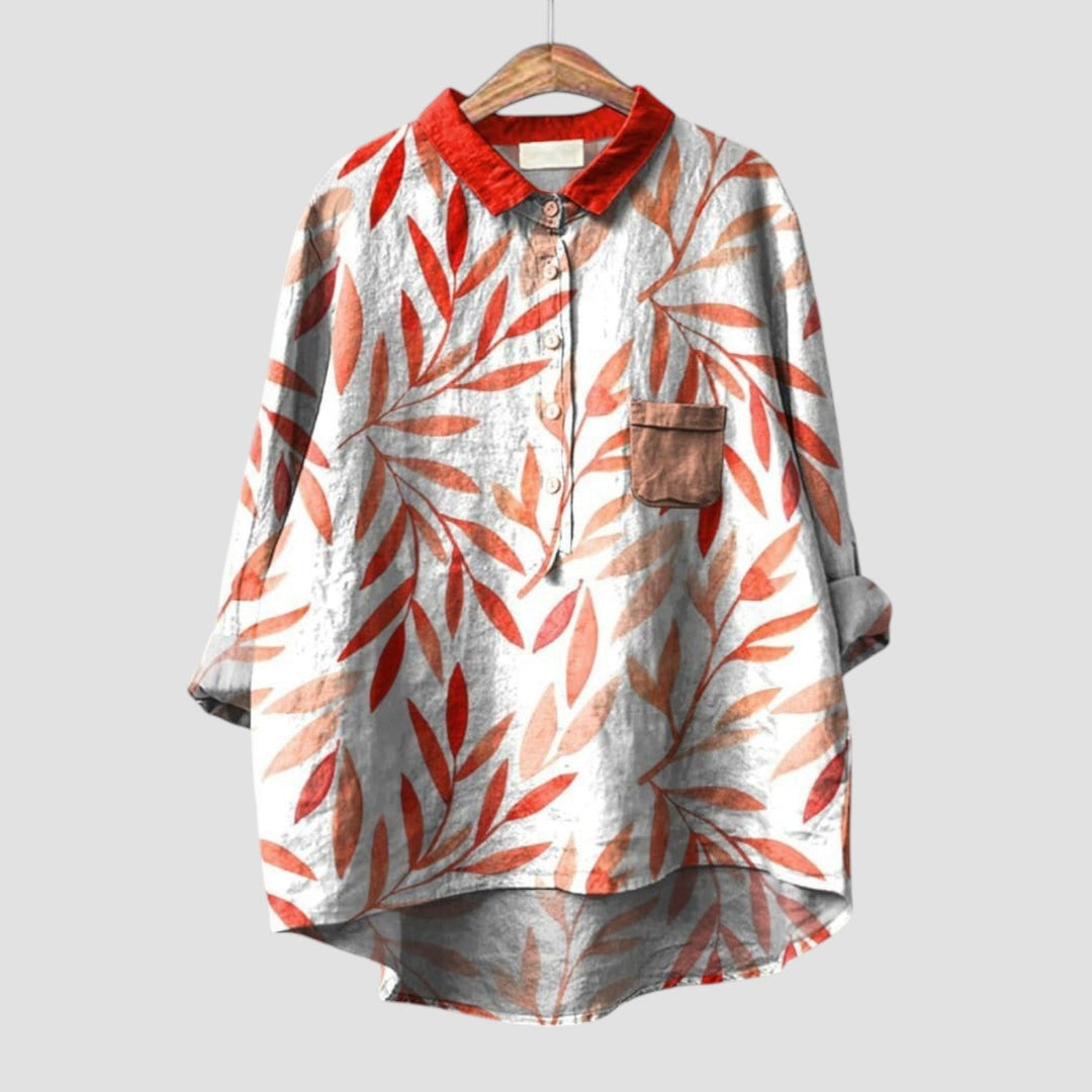 Marcella | Camisa oversized con estampado de hojas rojas y beige