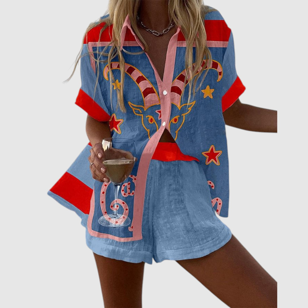Jorelle™ | Conjunto corto de lino con estampado de cabra
