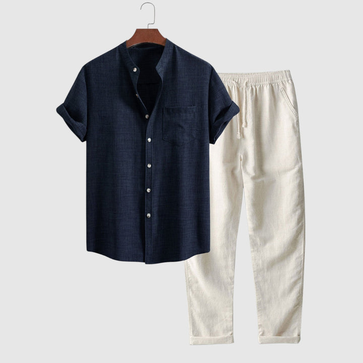 Camisa de manga corta con cuello alto y pantalones de lino de pierna recta