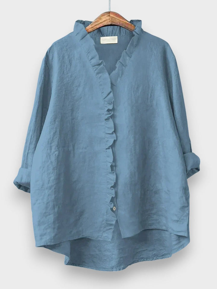 Sanela - Camisa casual de algodón y lino con volantes