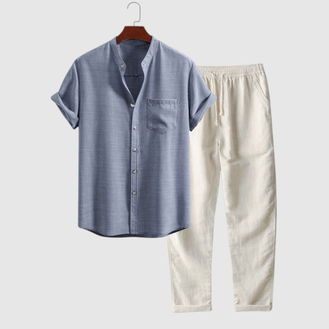 Camisa de manga corta con cuello alto y pantalones de lino de pierna recta