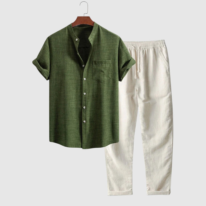 Camisa de manga corta con cuello alto y pantalones de lino de pierna recta