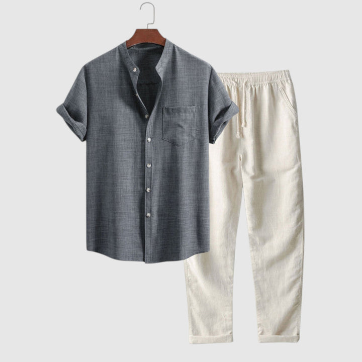 Camisa de manga corta con cuello alto y pantalones de lino de pierna recta