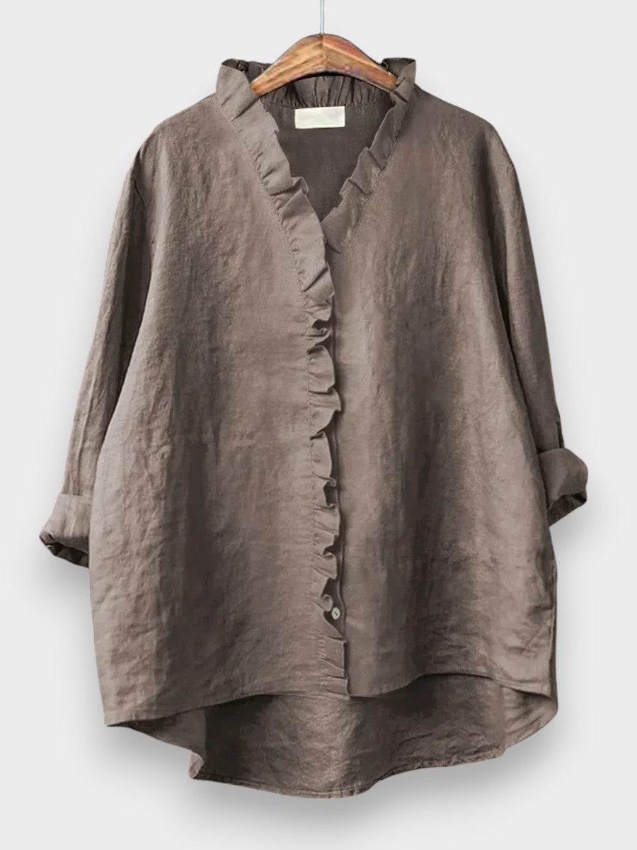 Sanela - Camisa casual de algodón y lino con volantes