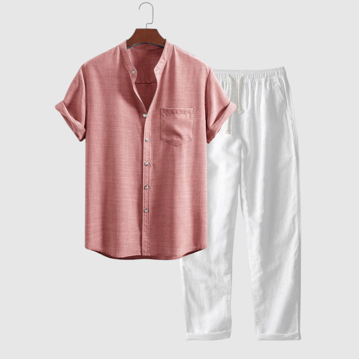Camisa de manga corta con cuello alto y pantalones de lino de pierna recta