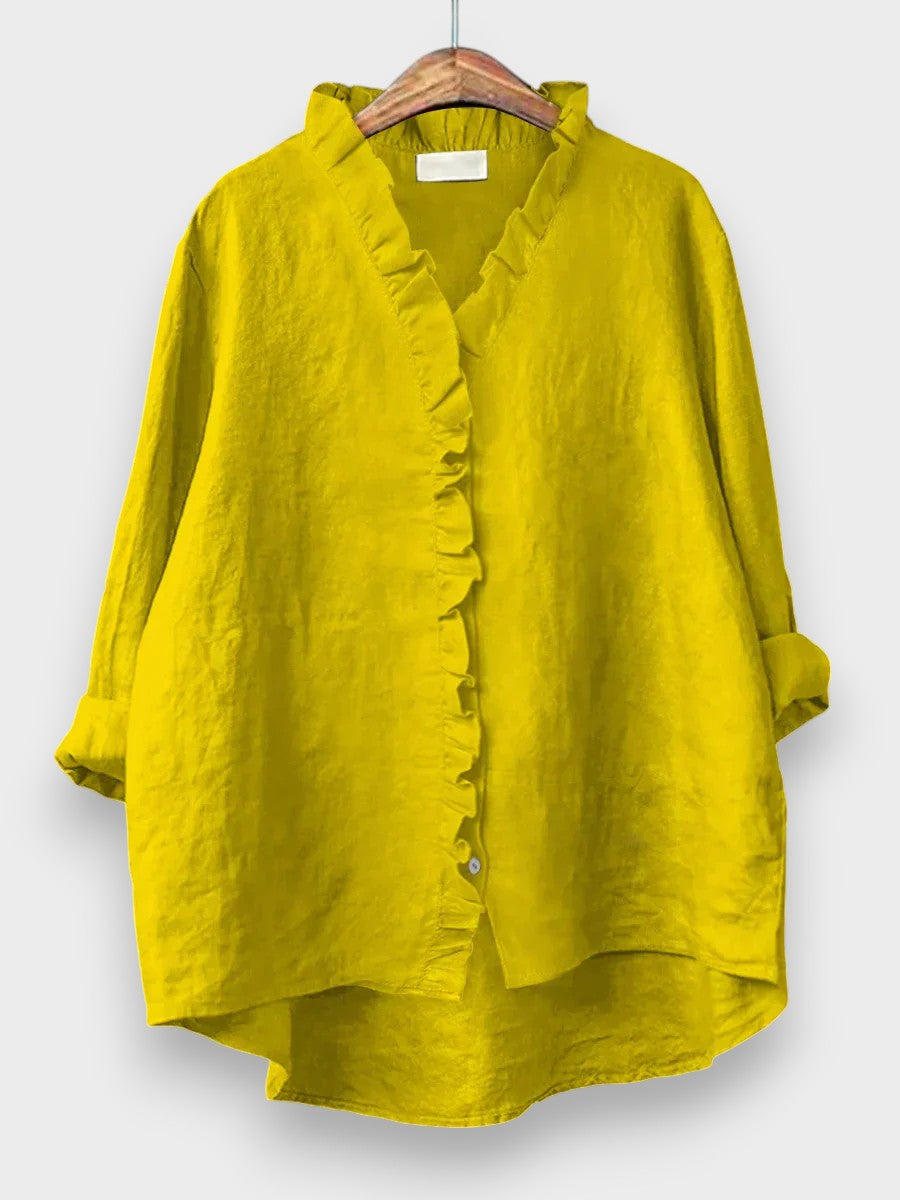 Sanela - Camisa casual de algodón y lino con volantes