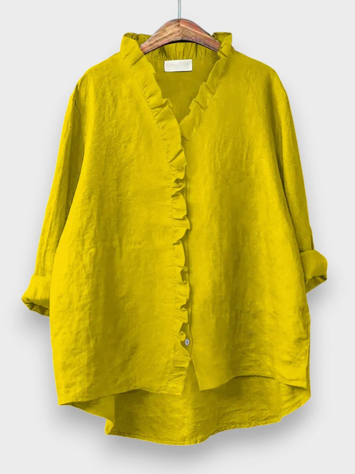 Sanela - Camisa casual de algodón y lino con volantes