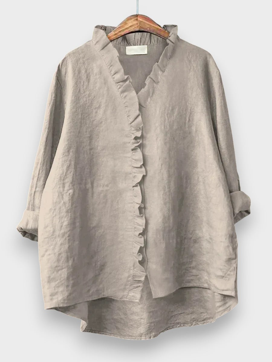 Sanela - Camisa casual de algodón y lino con volantes