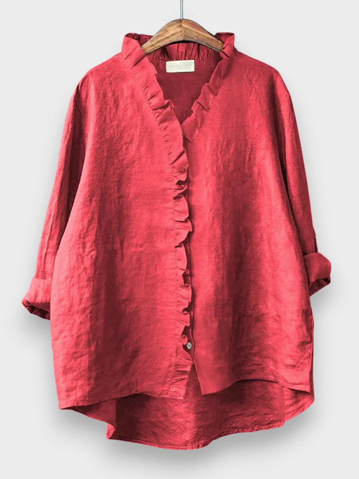 Sanela - Camisa casual de algodón y lino con volantes