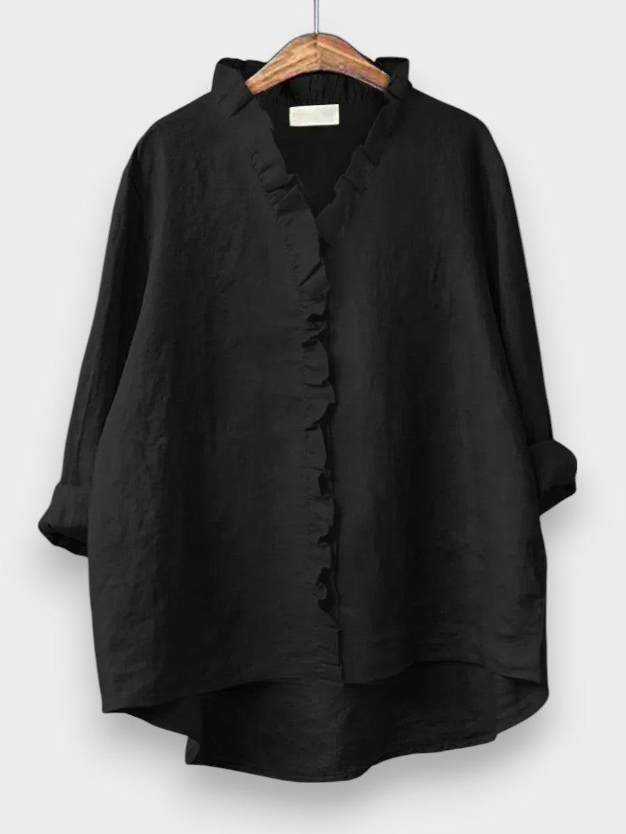 Sanela - Camisa casual de algodón y lino con volantes