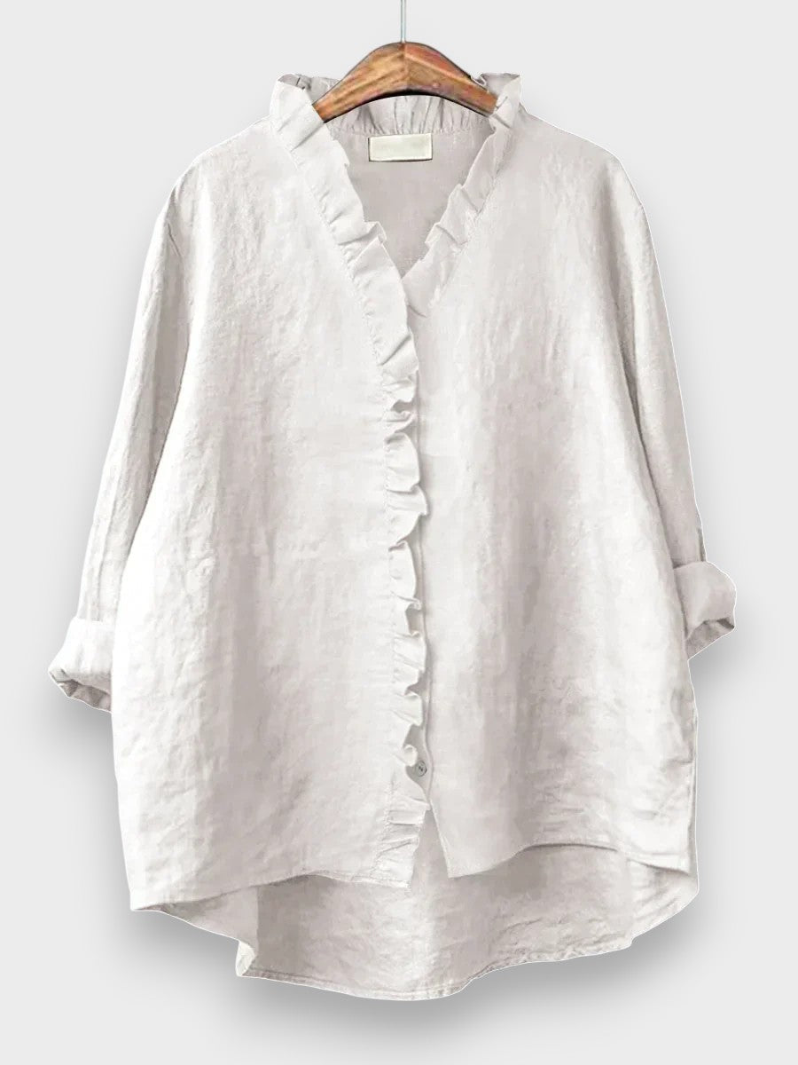 Sanela - Camisa casual de algodón y lino con volantes