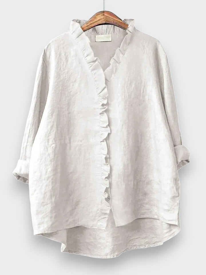 Sanela - Camisa casual de algodón y lino con volantes